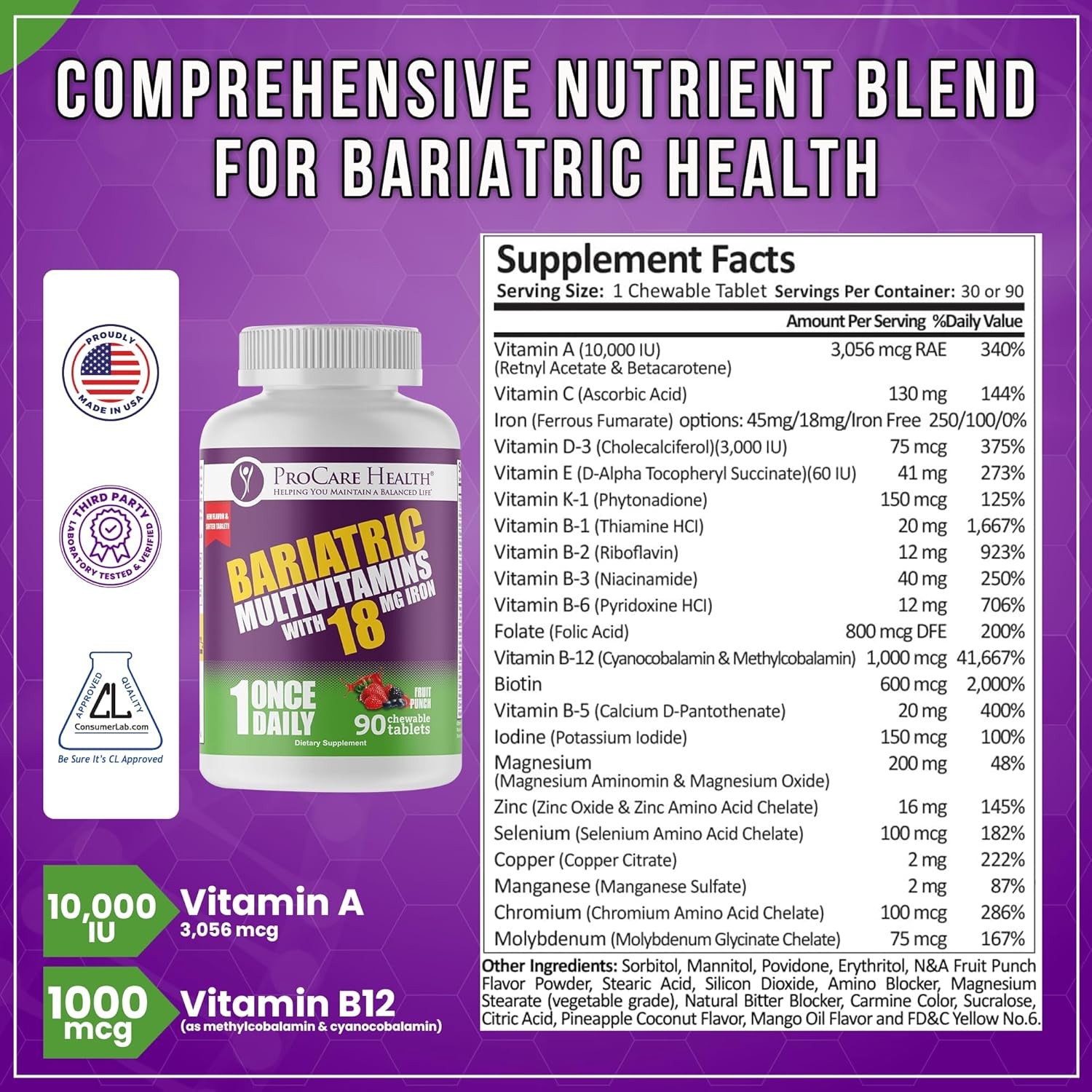 ProCare Health “1 per Day!” MultiVitamin Chewable with 18mg Iron – Fruit Punch