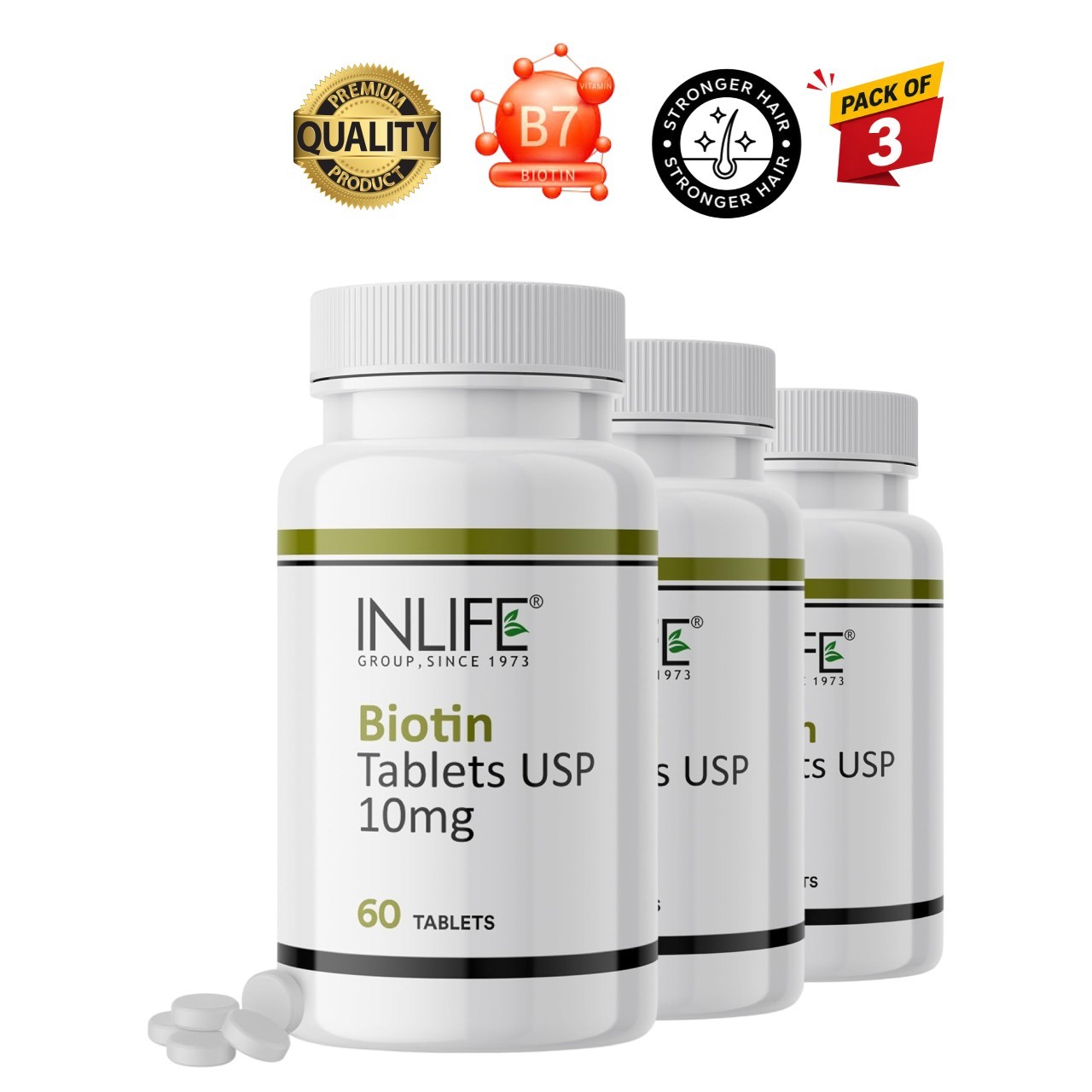 3 Pack IN.LIFE Biotin 10000mcg Vitamin B7 60 Tablets