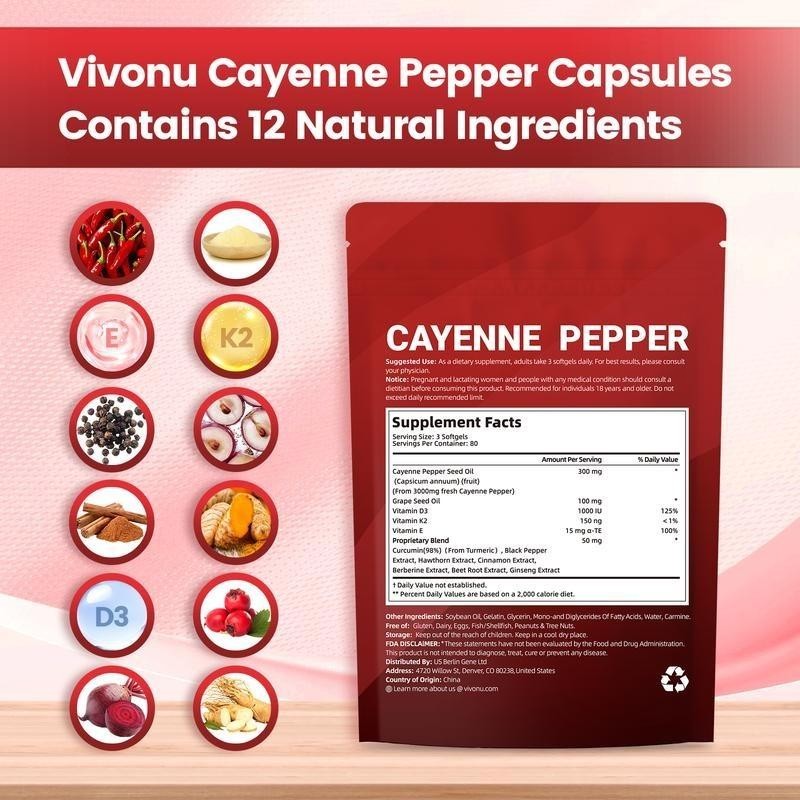VivoNu Cayenne Pepper Softgels Supports Heart Vein Blood Vessel Health Vitamin E