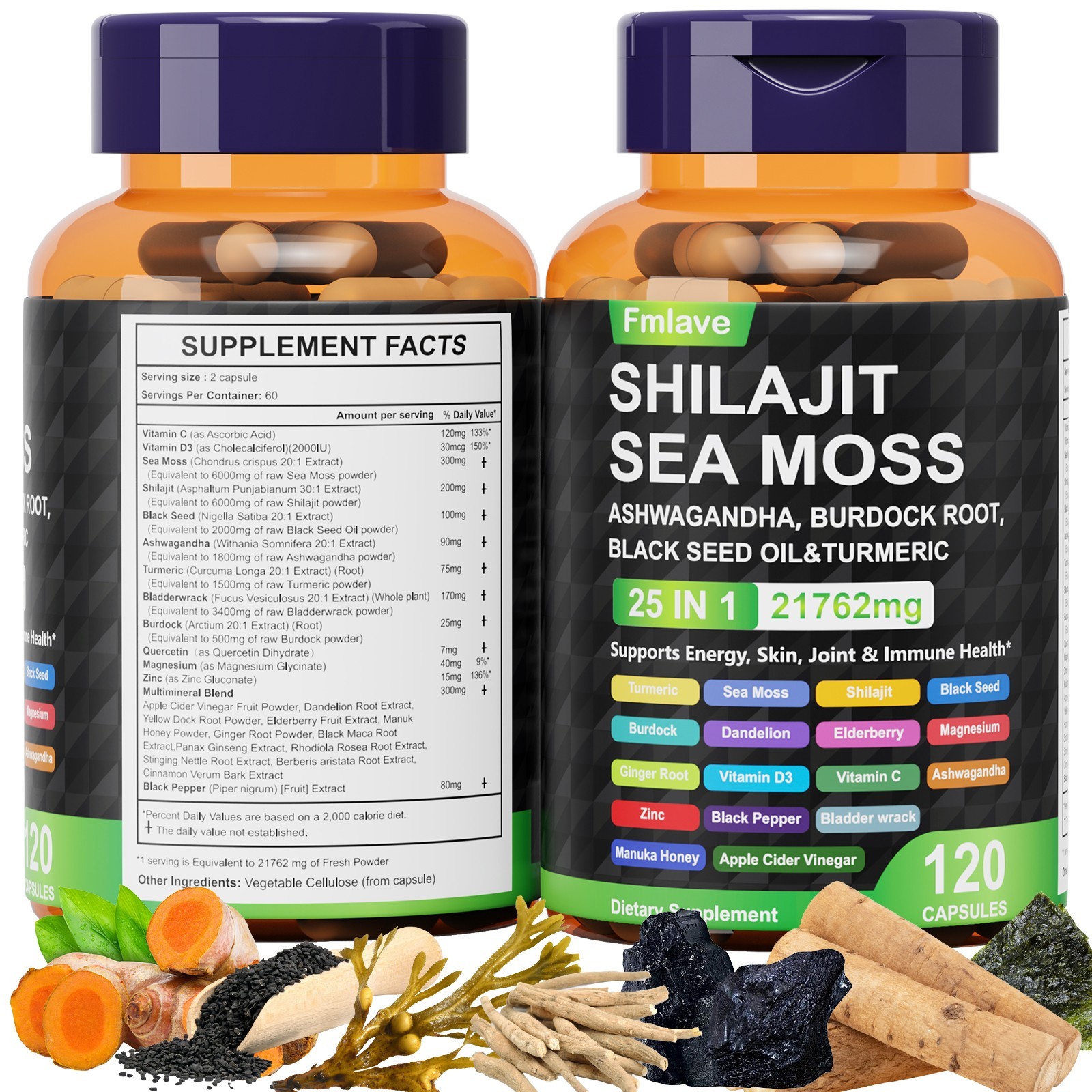 Sea Moss, Black Seed Oil, Ashwagandha, Turmeric Ginger Shilajit Burdock 120 caps