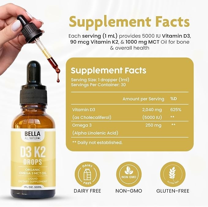 Bella All Natural D3 K2 Drops 3 Pack Organic Omega 3 MCT Oil Immune Bone Support