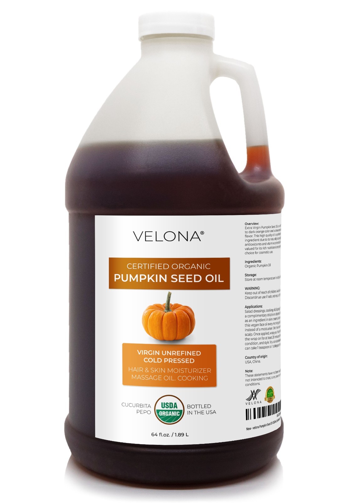 Velona Pumpkin Seed Oil USDA Certified Organic 2oz-7lb Virgin Unrefined Cooking