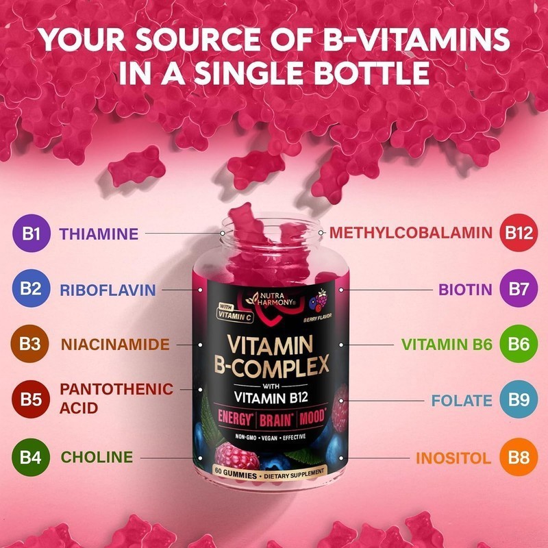 Vitamin B-Complex Gummies W/ Vitamin B12 B1 B2 B3 B5 B6 B7 B9 for Women Men