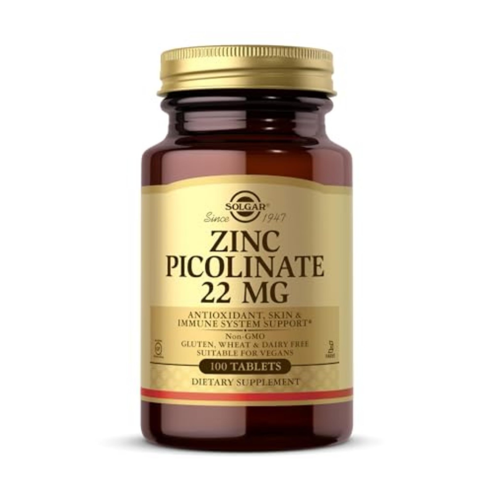 Solgar Zinc Picolinate 22 mg Tablets 100 Count Immune Support Vegan Non GMO