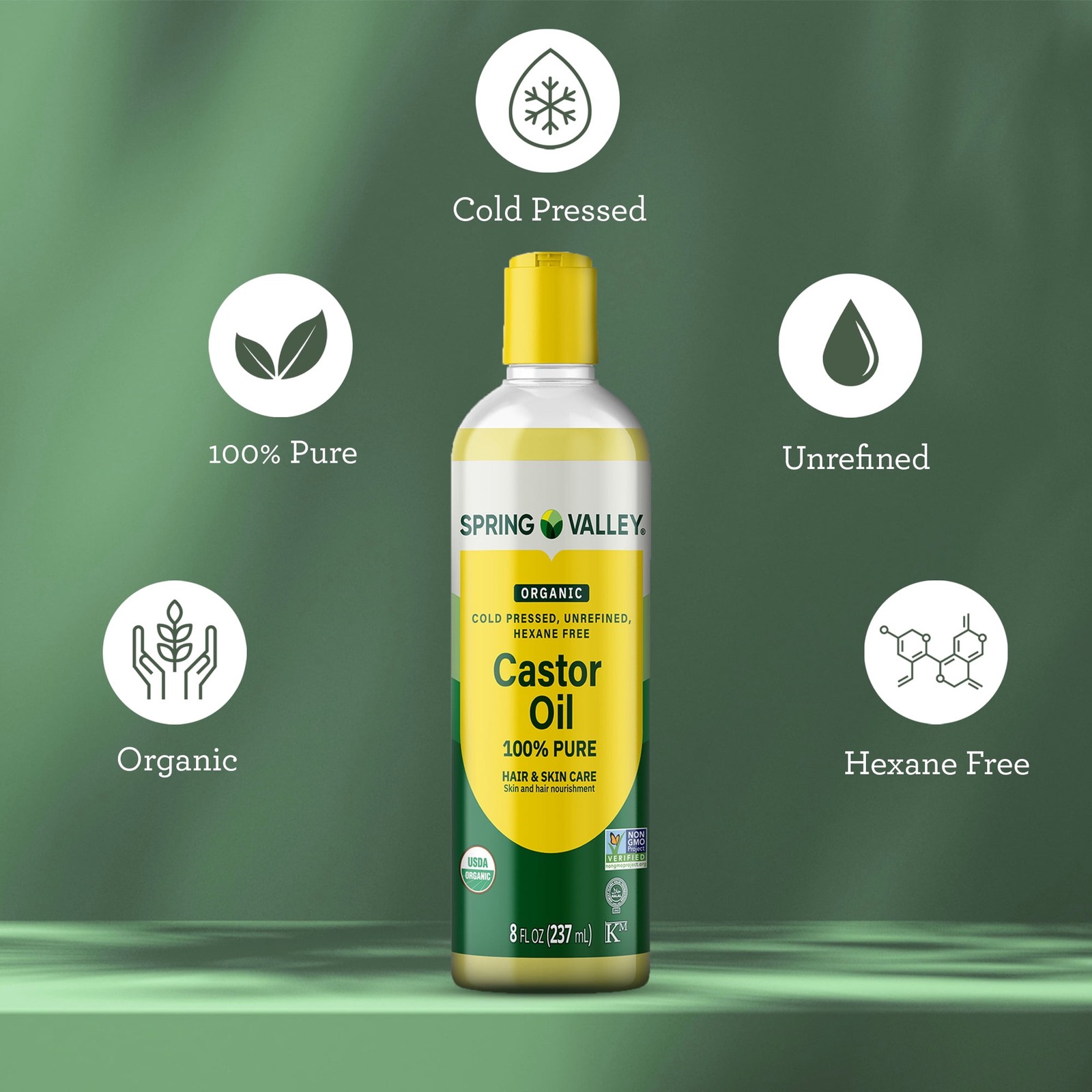 H4U Spring Valley Cold-Pressed Castor Oil Organic for Hair & Skin 8 fl oz