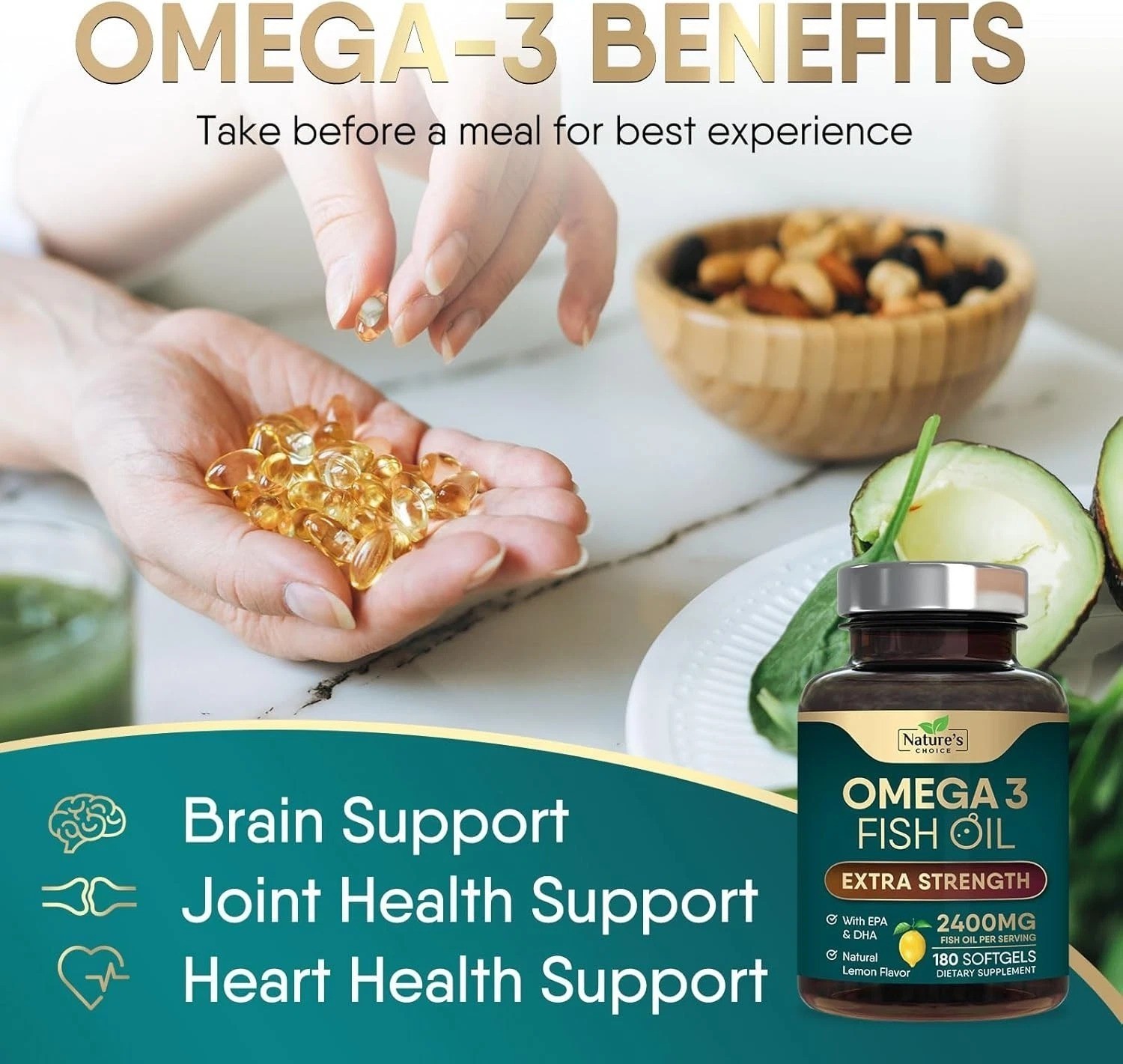 Triple Strength Omega 3 Fish Oil Supplement 2400 mg – EPA & DHA Fish Oil Omega 3