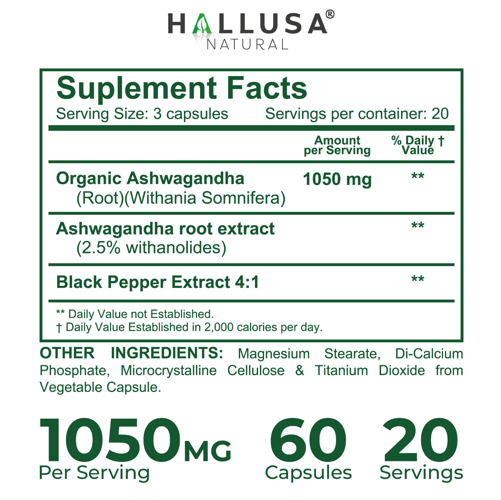 Organic Ashwangandha Root Extract with Black Pepper – Natural Supplement 60 CAP