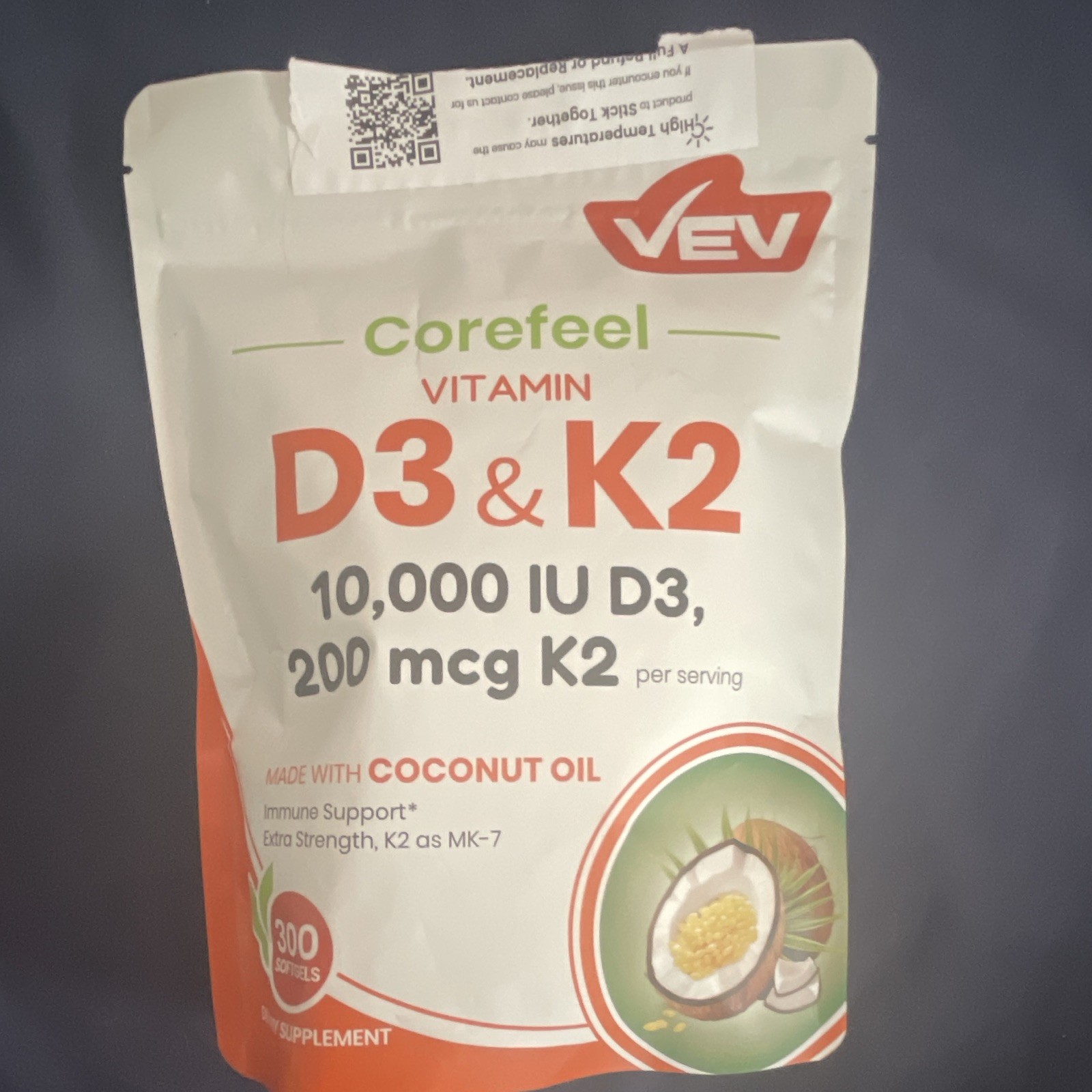 VEV Corefeel Vitamin D3 K2 10,000 IU, 200 mcg MK-7, 300 Coconut Oil Softgels