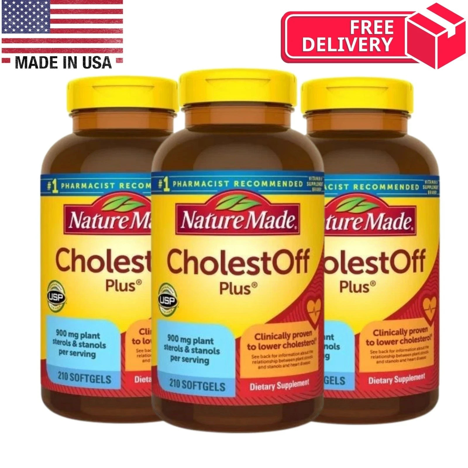 package of 3 Nature Made CholestOff Plus 900mg 210 Softgels EXP 03/27