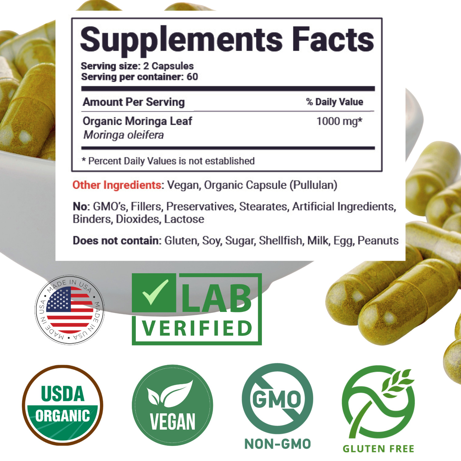 Organic Moringa Capsules, 100% Raw from India, 120ct, Green Supplement.
