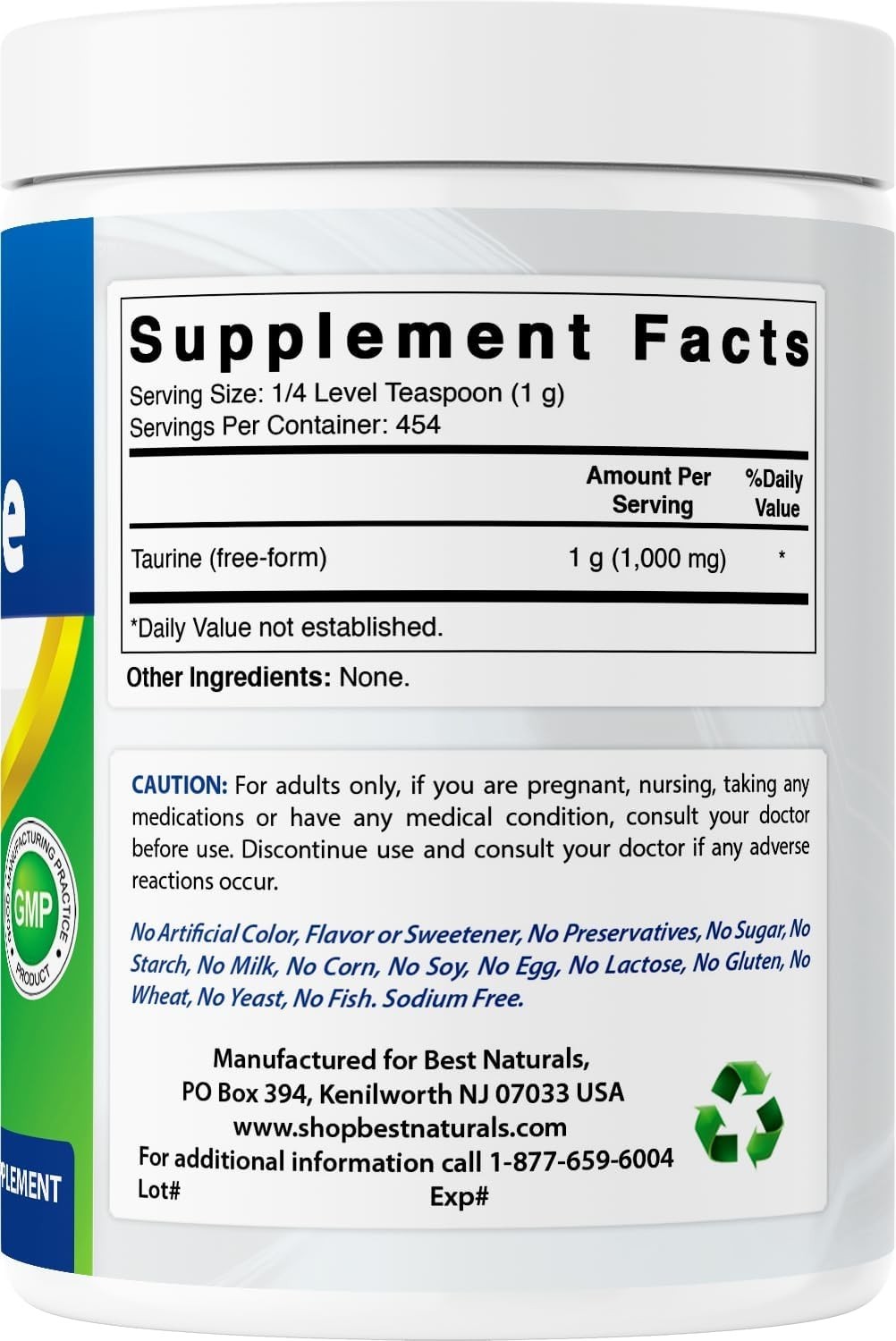 100% Pure Taurine Powder Free Form – Taurine 1000mg per Serving – 1 Lb 454 gm…
