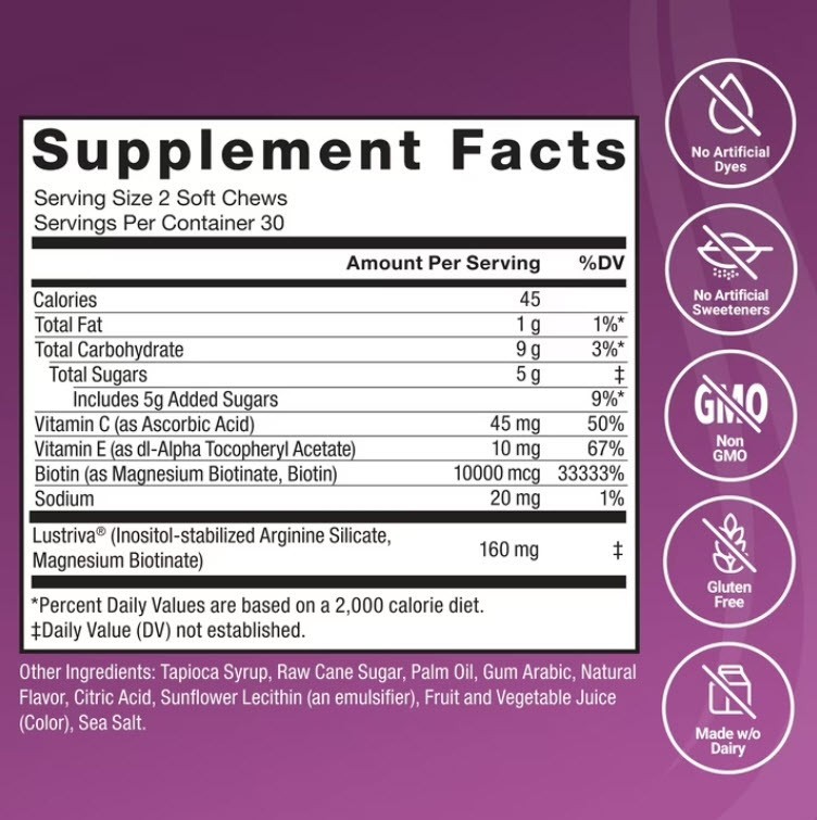 2-PK FORCE FACTOR HAIR GROWTH ACCELERATOR W/ LUSTRIVA BERRY BLAST CHEWS 60 CT