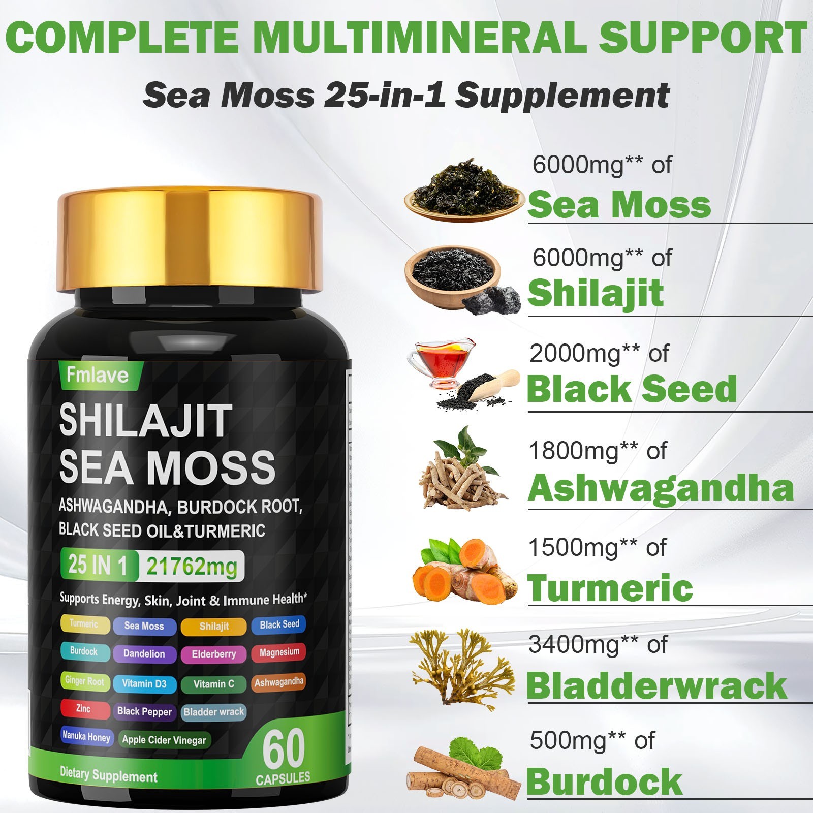 Sea Moss, Black Seed Oil, Ashwagandha, Turmeric Ginger Shilajit Burdock 60 caps