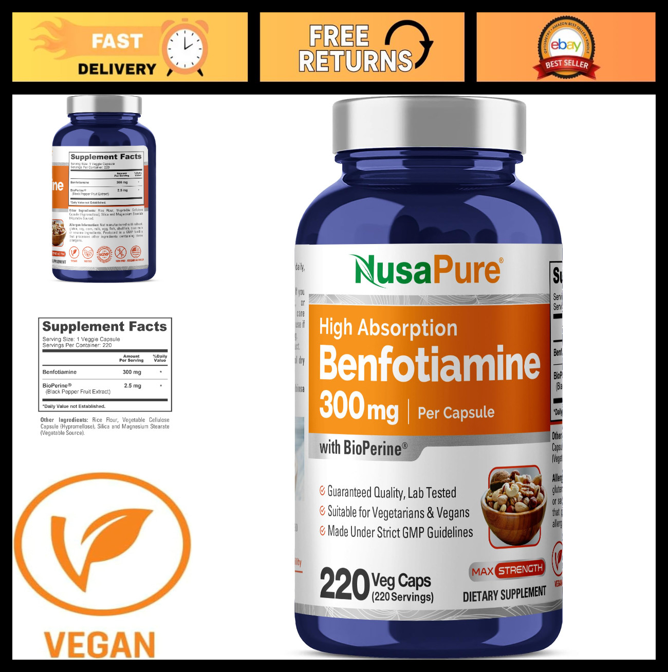 Benfotiamine 300mg Veggie Caps 220 Count – Non-GMO, Vegan, with Bioperine
