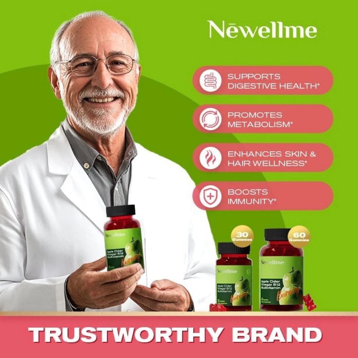 2 BOTTLES—NEWELLME Apple Cider Vinegar Gummy Energy and Gut Health – Digestion