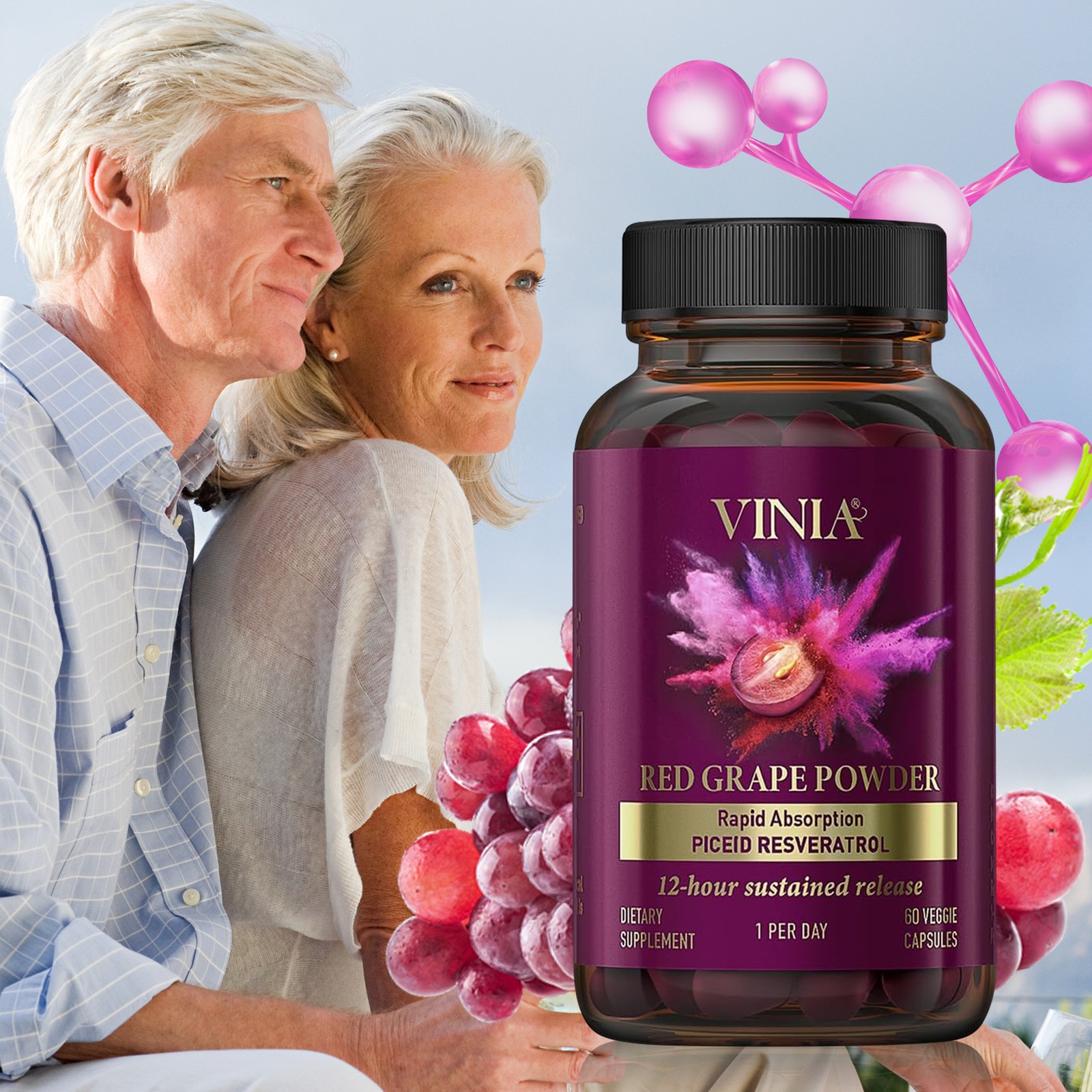 Vinia Red Grape Powder Rapid Absorbtion Piceid Resveratrol 30 Veggie Capsul New
