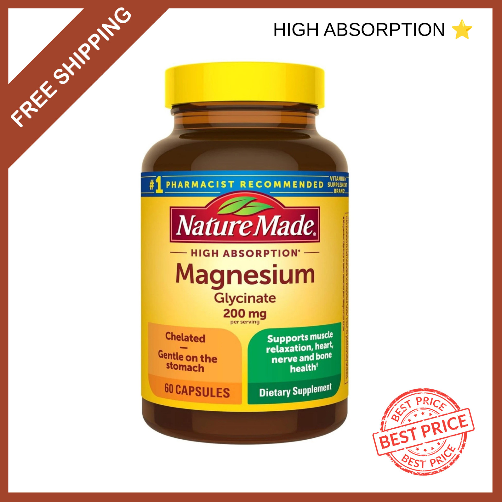 Nature Made Magnesium Glycinate 200 mg Per Serving Capsules, Dietary Supplement