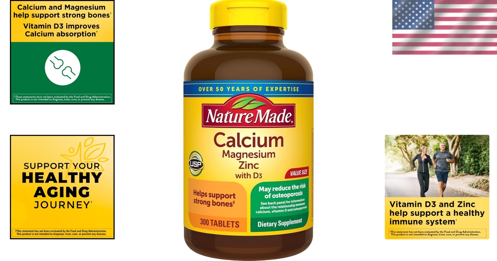 300 Count Calcium Magnesium Zinc Tablets with Vitamin D3 – Immune & Bone Support