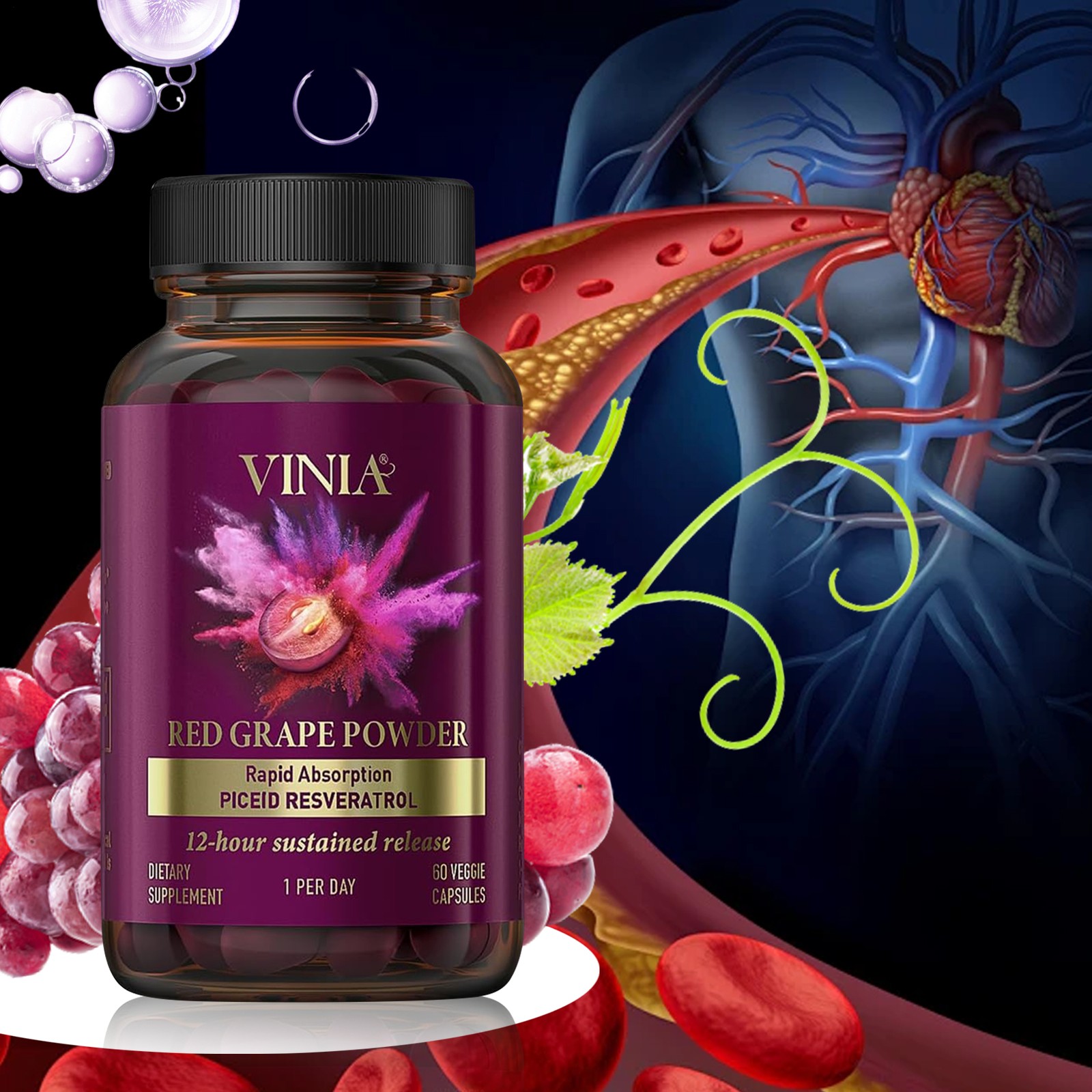 Vinia Red Grape Powder Rapid Absorbtion Piceid Resveratrol 30 Veggie Capsul New