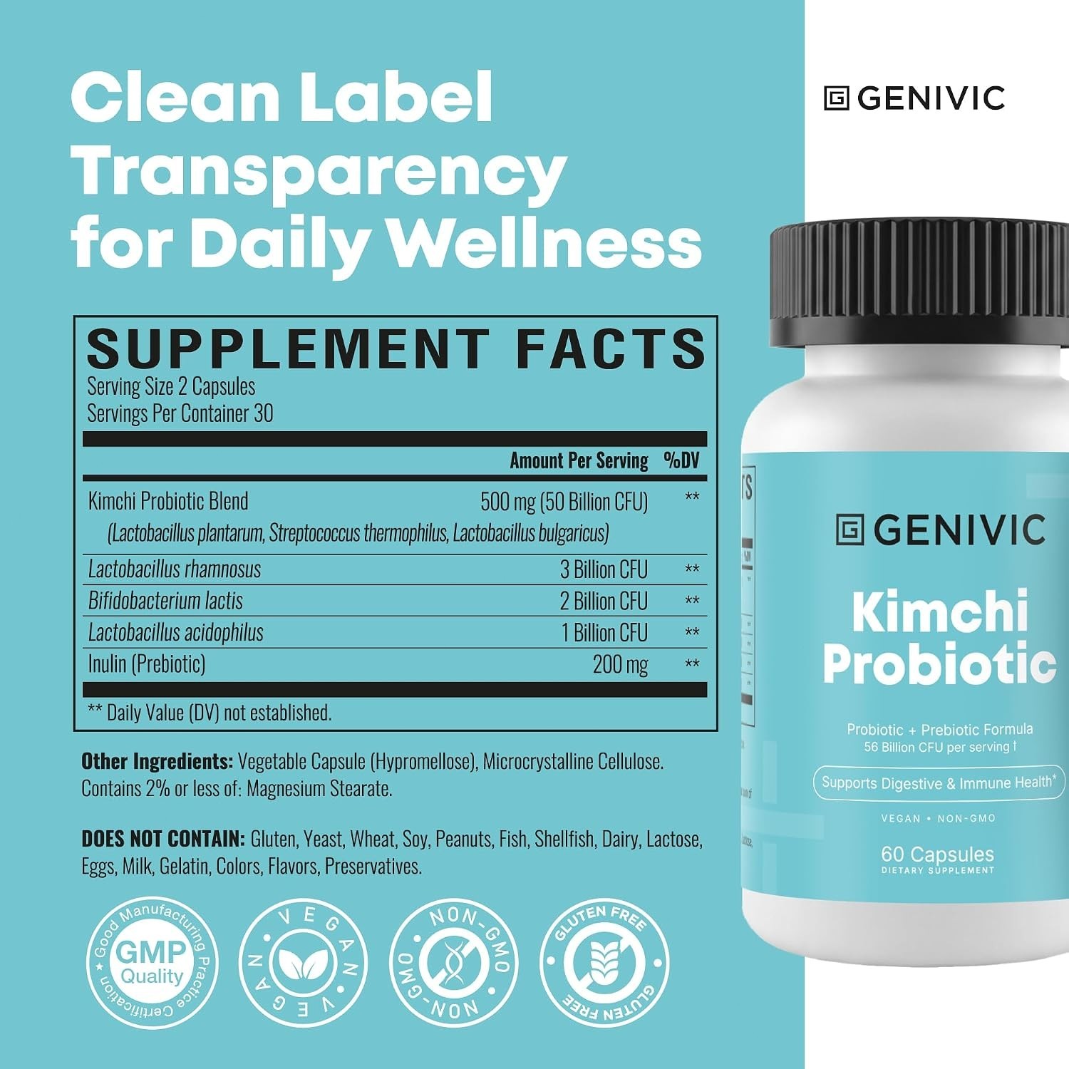 Kimchi Probiotic Capsules Supplement – 50 Billion CFU Blend for Gut Health