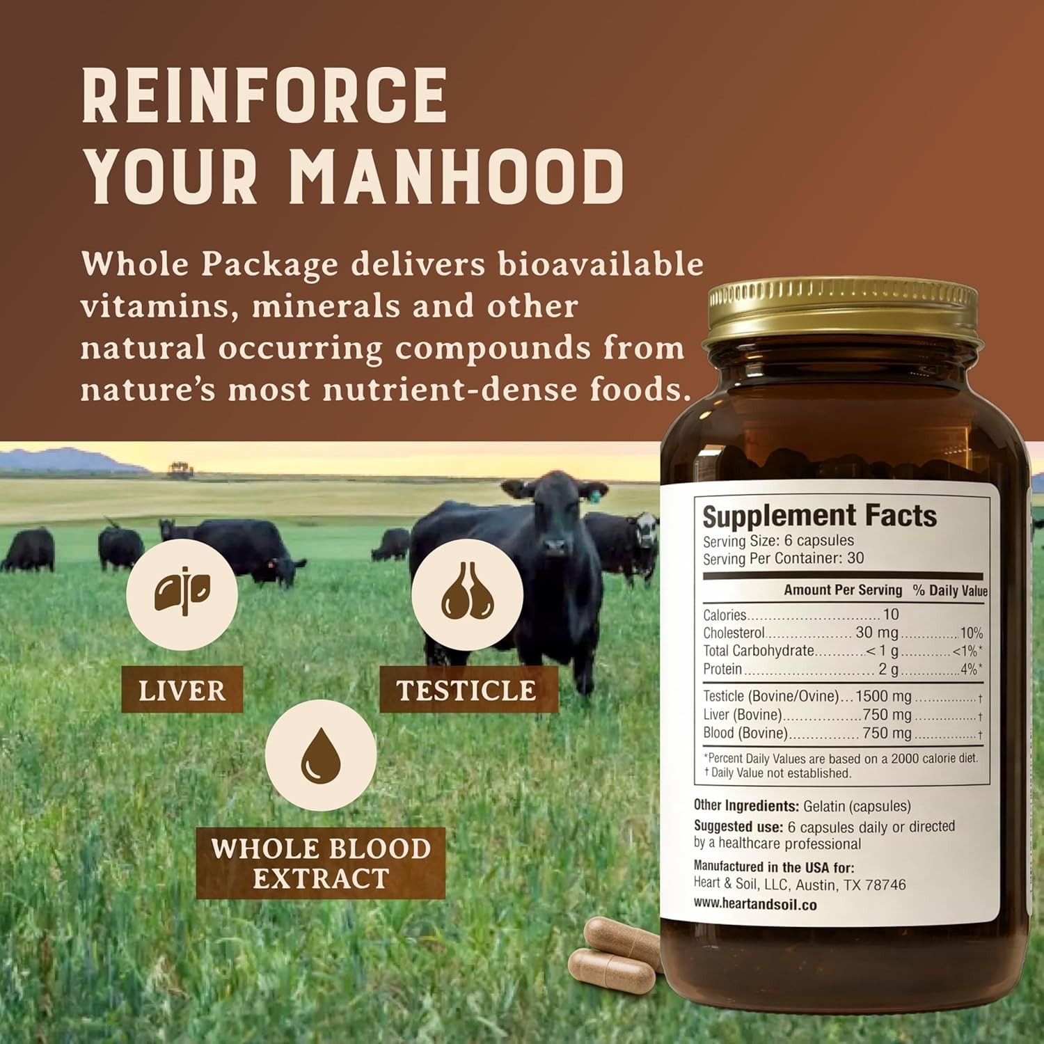 Heart & Soil Whole Package – Grass-Fed Testicle, Liver & Blood Extract 180 Caps