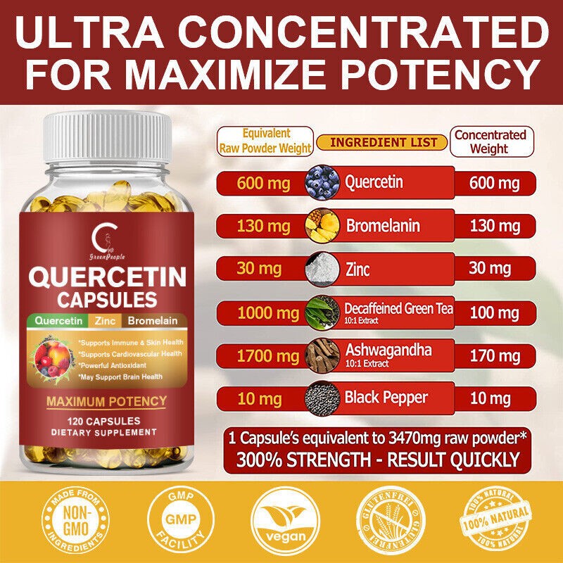 Quercetin 1000mg With Bromelain – Natural Immune supplement, 240 Capsules