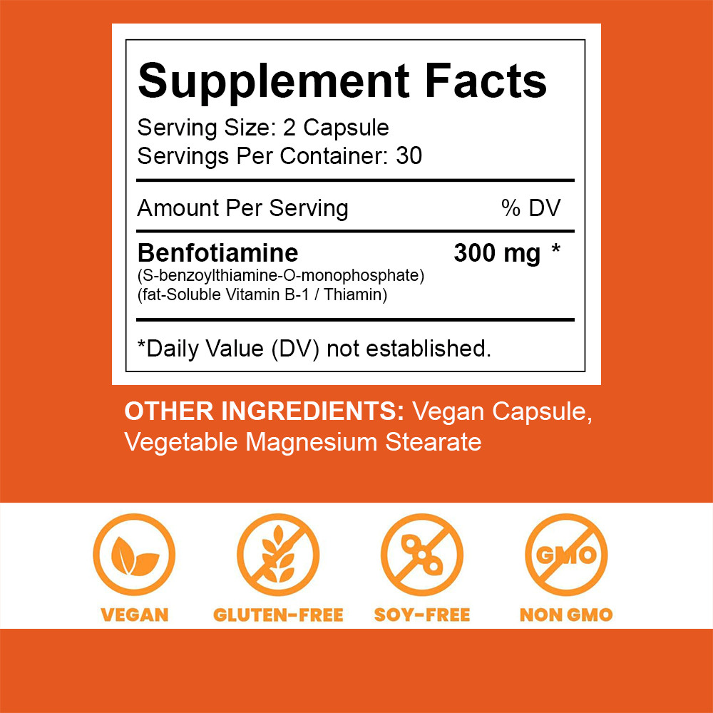 Benfotiamine 300mg 60/120 Caps Vitamin B1 Benfotiamine Thiamine Fat-Soluble