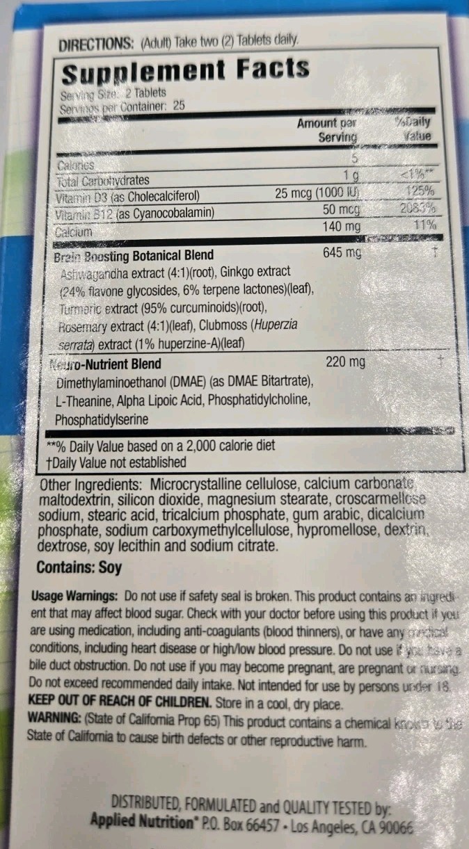 Lot of 3 Applied Nutrition Healthy Brain All-Day Focus 50 Tablets Exp 12/26