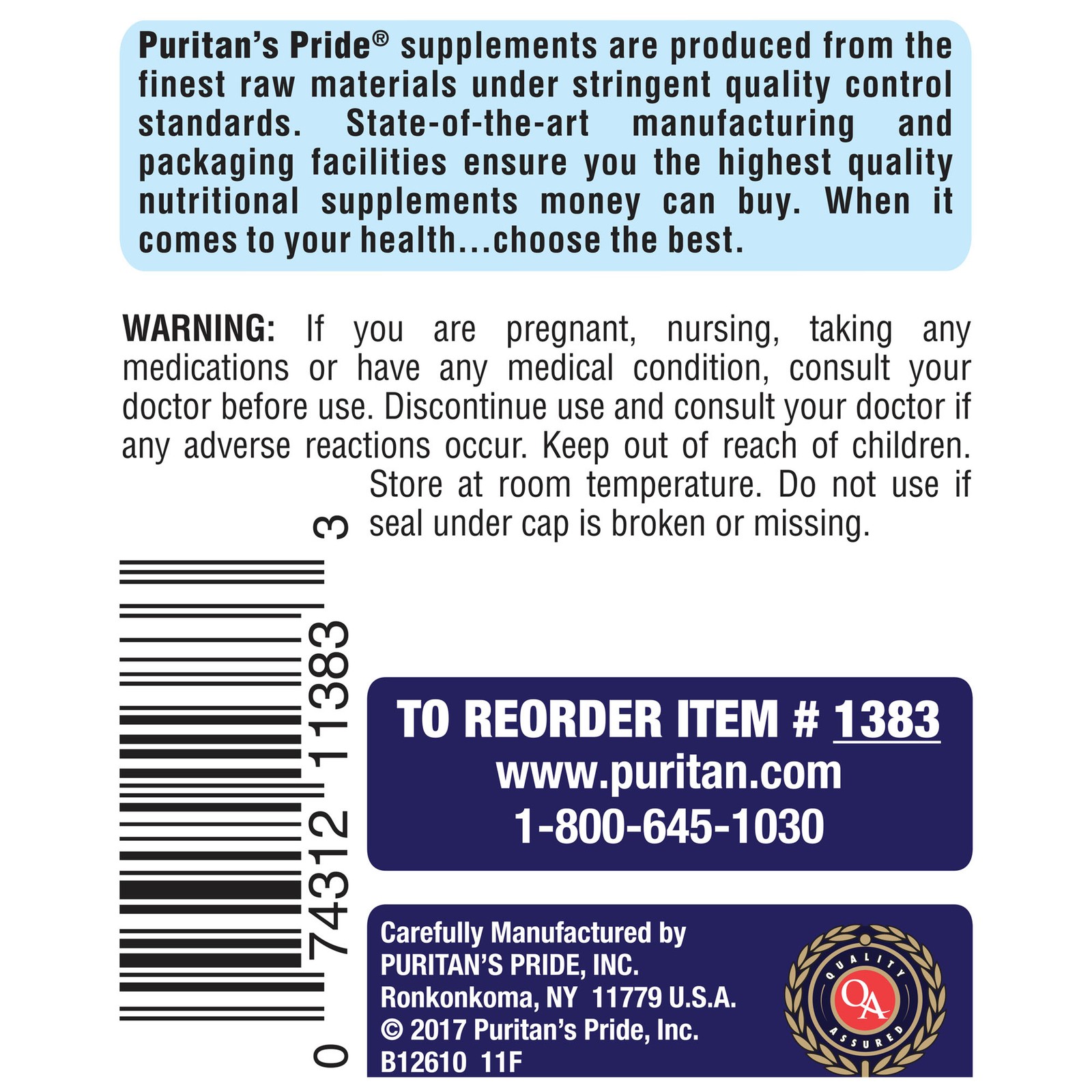 Puritan’s Pride Vitamin B-12 1000 mcg Timed Release – 250 Caplets