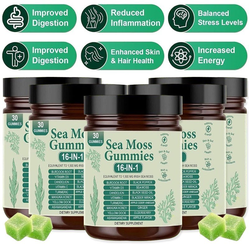 3PCS 16 in 1 Organic Sea Moss Gummy Irishmoss Extract 6000Mg Green Apple Flavor