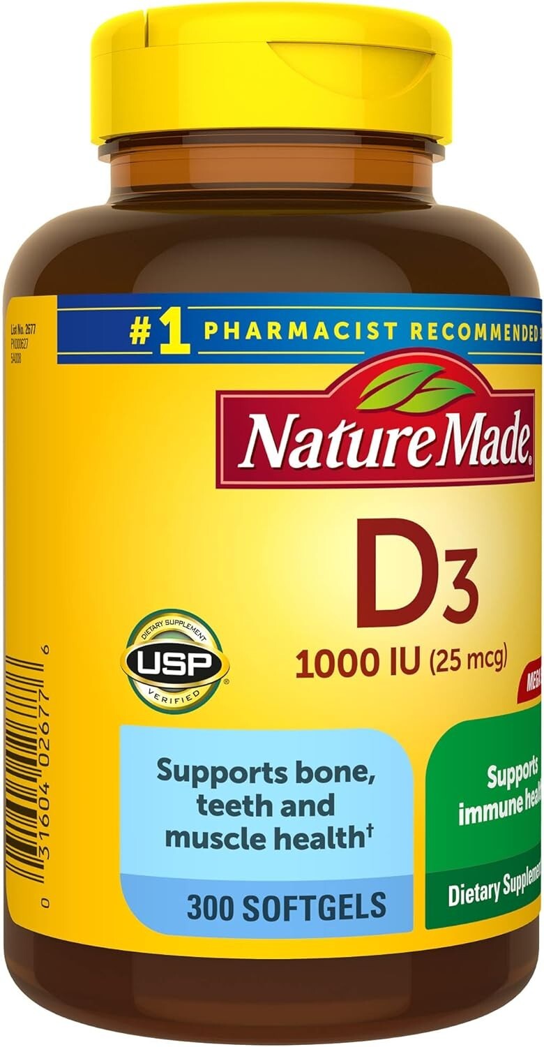 Nature Made Vitamin D3 1000 IU (25 mcg) Softgel, Dietary Supplement for Bone, Te