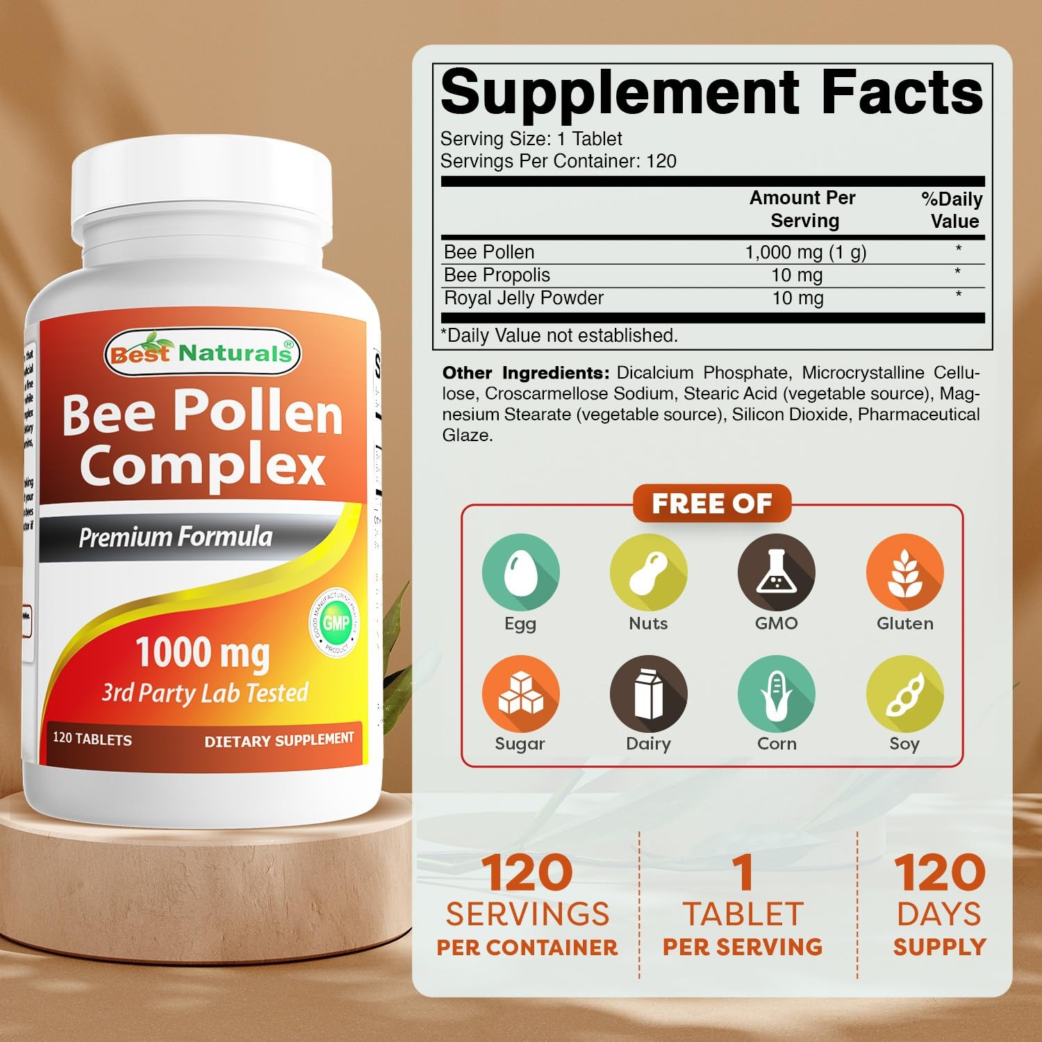 Best Naturals Bee Pollen Complex 1000 mg 120 Tablets 120 Count (Pack of 1)