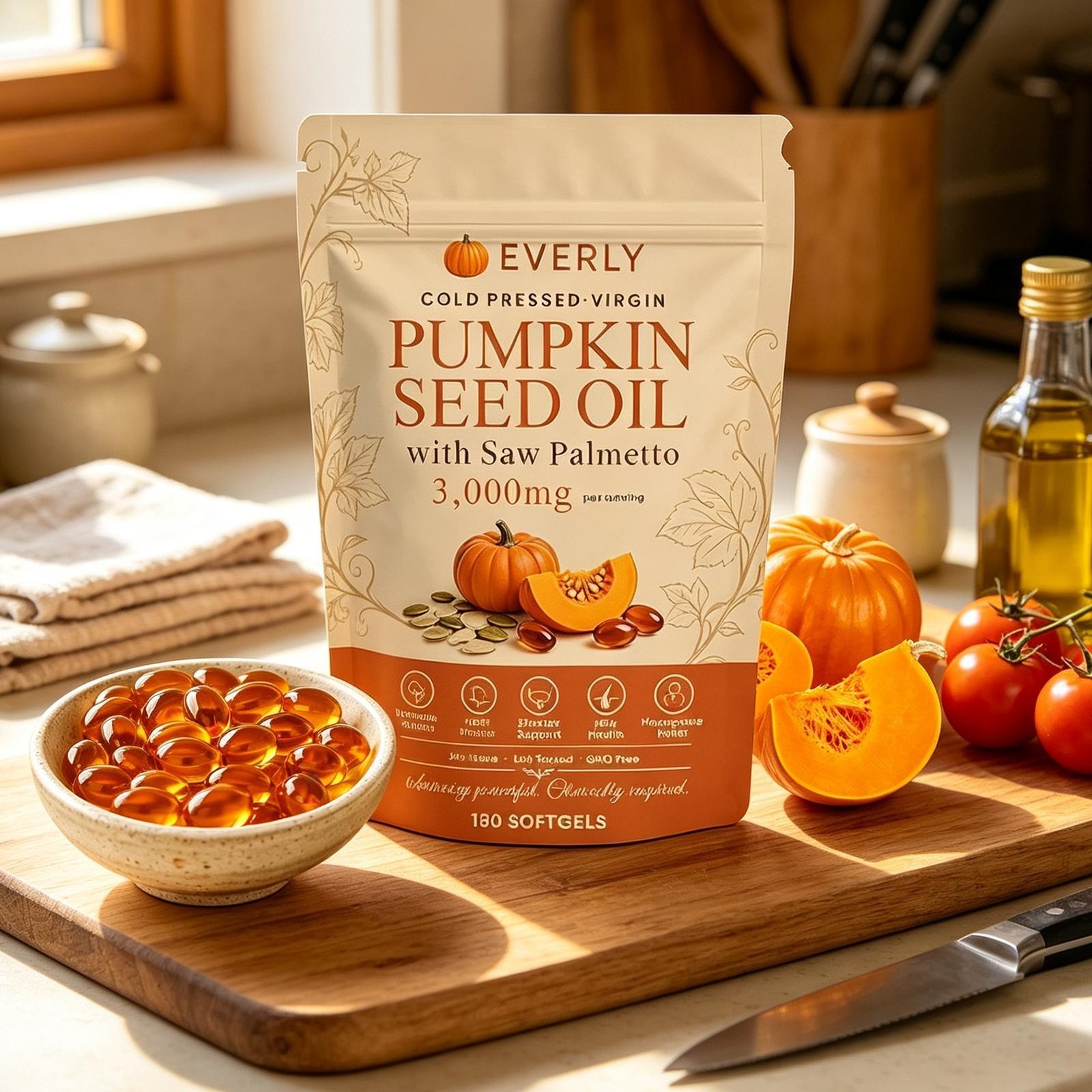 Everly Pumpkin Seed Oil with Saw Palme tto, 180 Softgels, Cold Pressed Pumpkin