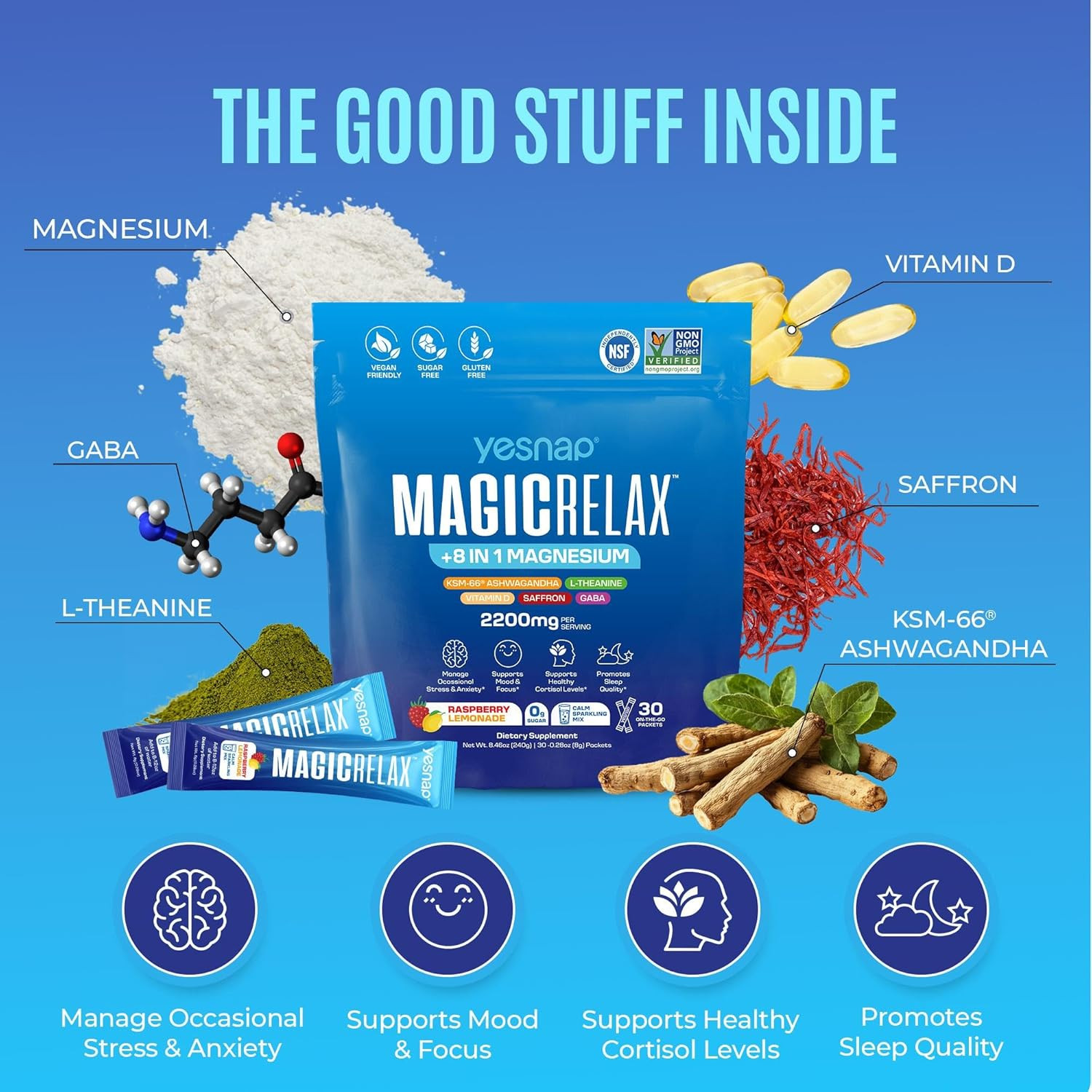 MAGICRELAX Calming Sparking Mix 8-In-1 Magnesium KSM-66 Ashwagandha Saffron Vita