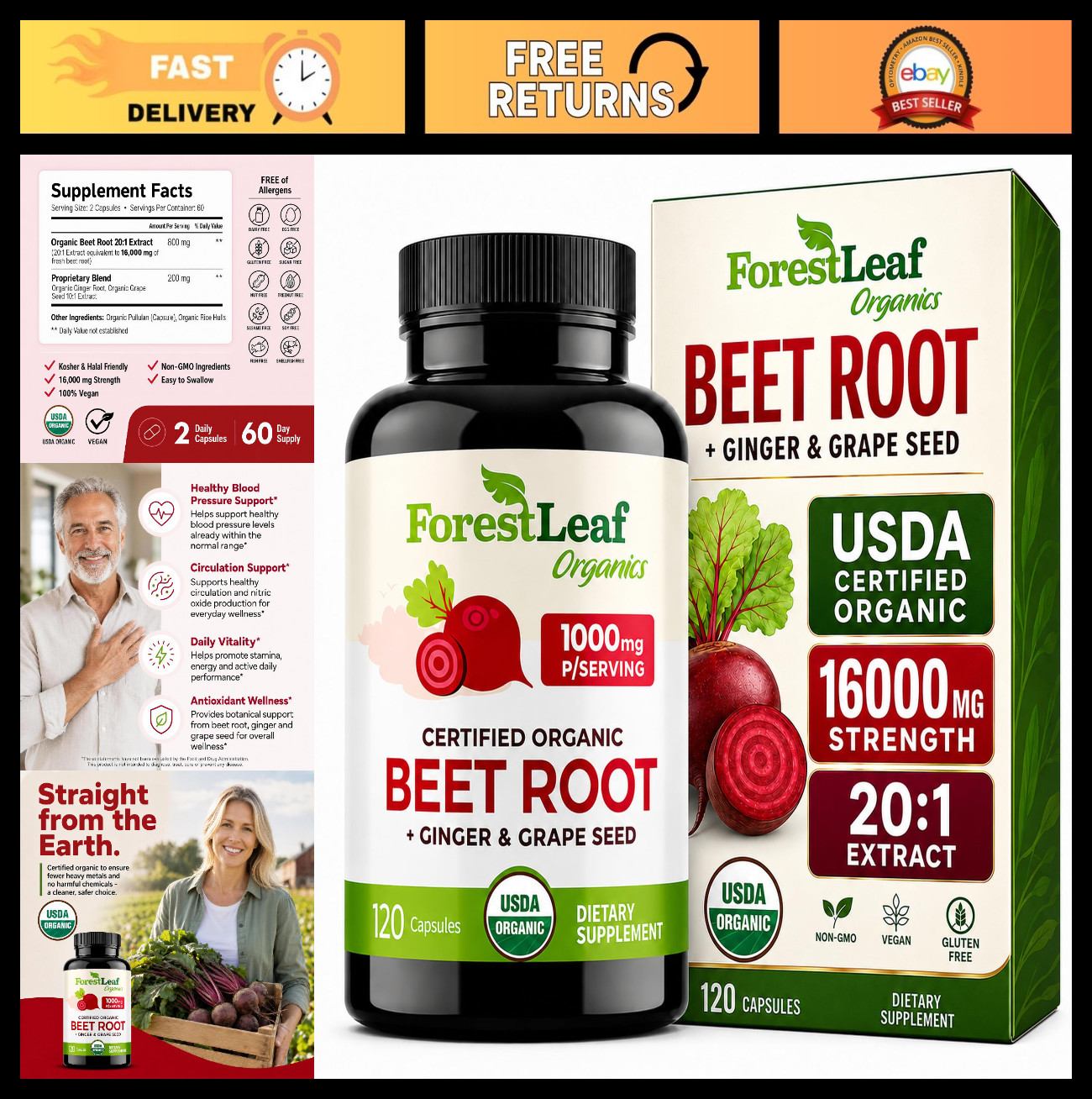 Organic Beet Root Capsules 1000mg – Nitric Oxide Support, Blood Pressure & Circu