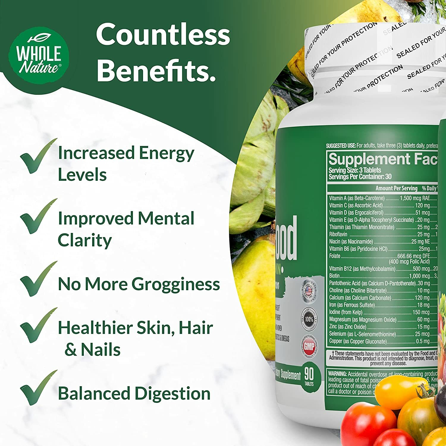 Whole Food Multivitamin for Plus Digestive Enzymes, Probiotics & Omegas, Non GMO