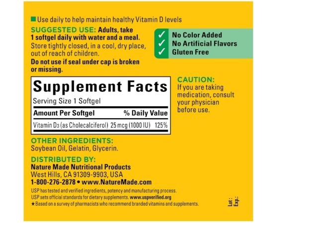 Nature Made Vitamin D3 1000 IU (25 Mcg), Vitamin D Supplement for Bone, Teeth, M