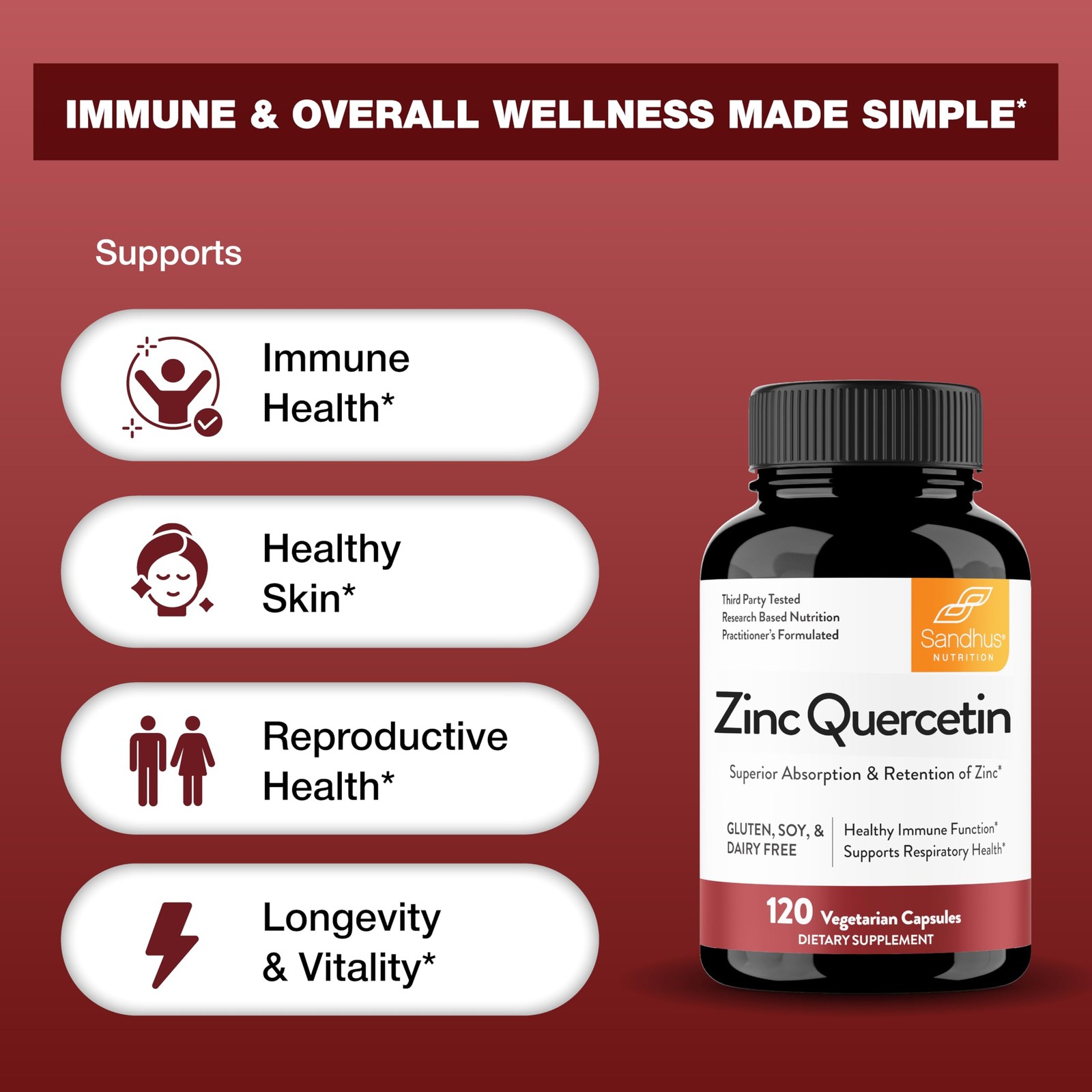 Sandhu’s Zinc Quercetin 120 Vegetarian Capsules (Pack 120 Count of 1)