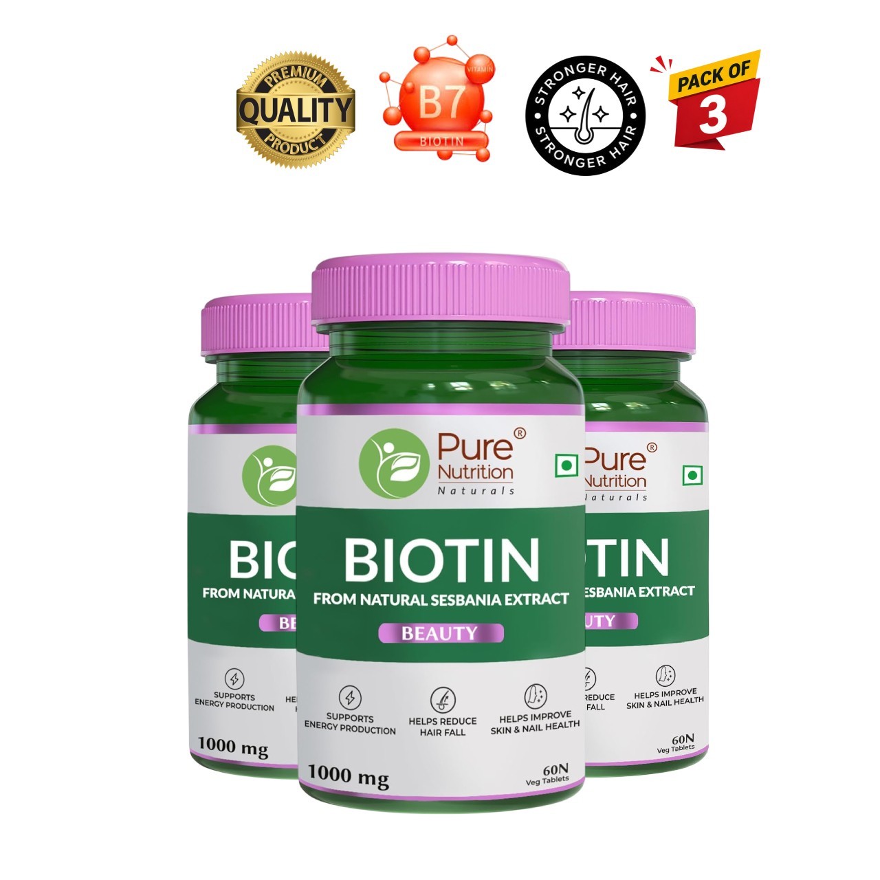 3 Pack Pure Nutri.tion Biotin 60 Tabs Hair Skin Support