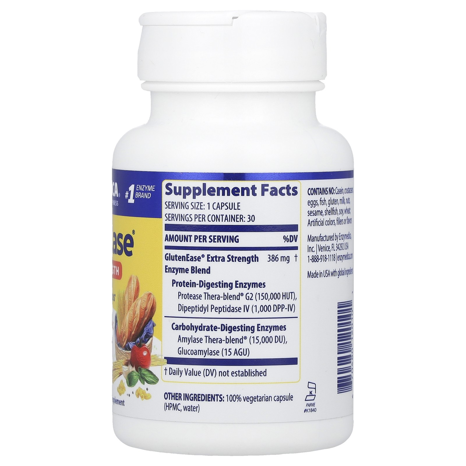 Enzymedica GlutenEase Extra Strength 30 Capsules Casein-Free, Dairy-Free,
