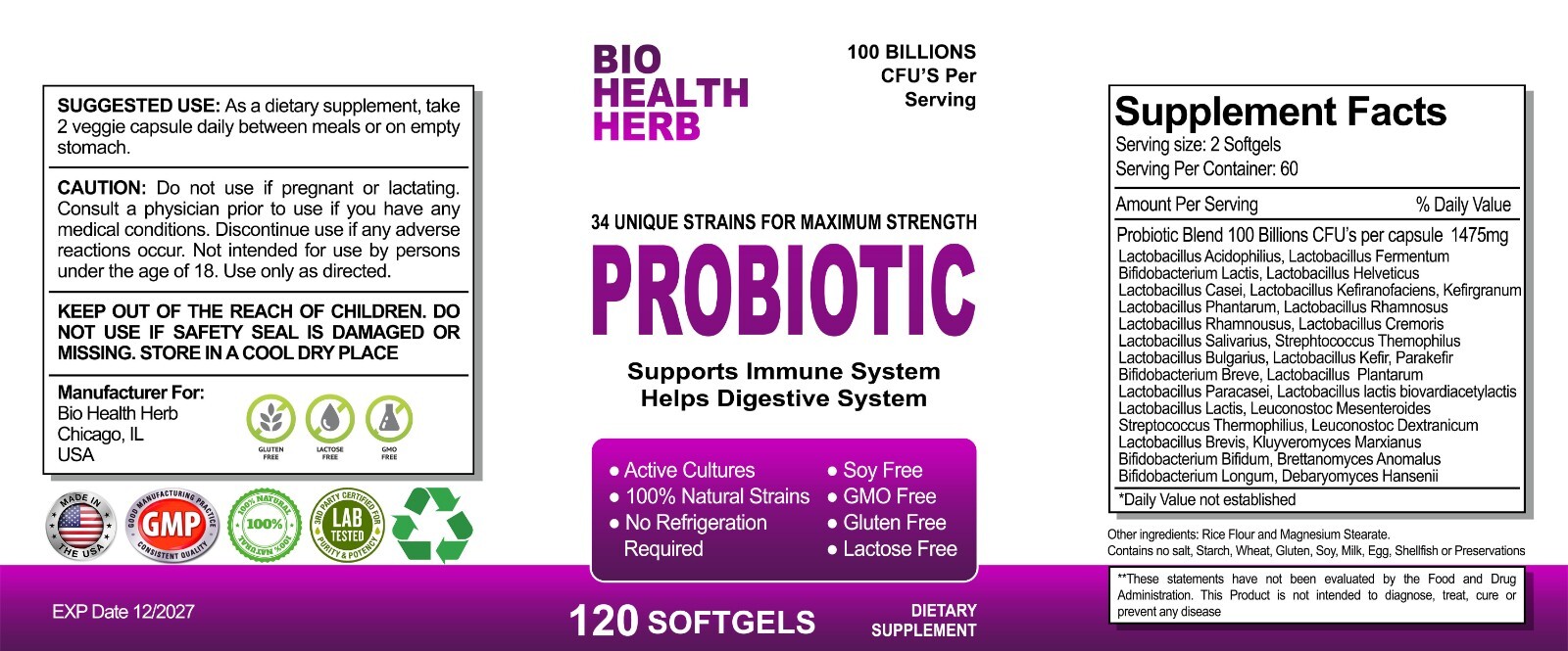 Raw Probiotics 100 Billion CFU Potency Digestive Immune Health 34 strains 360