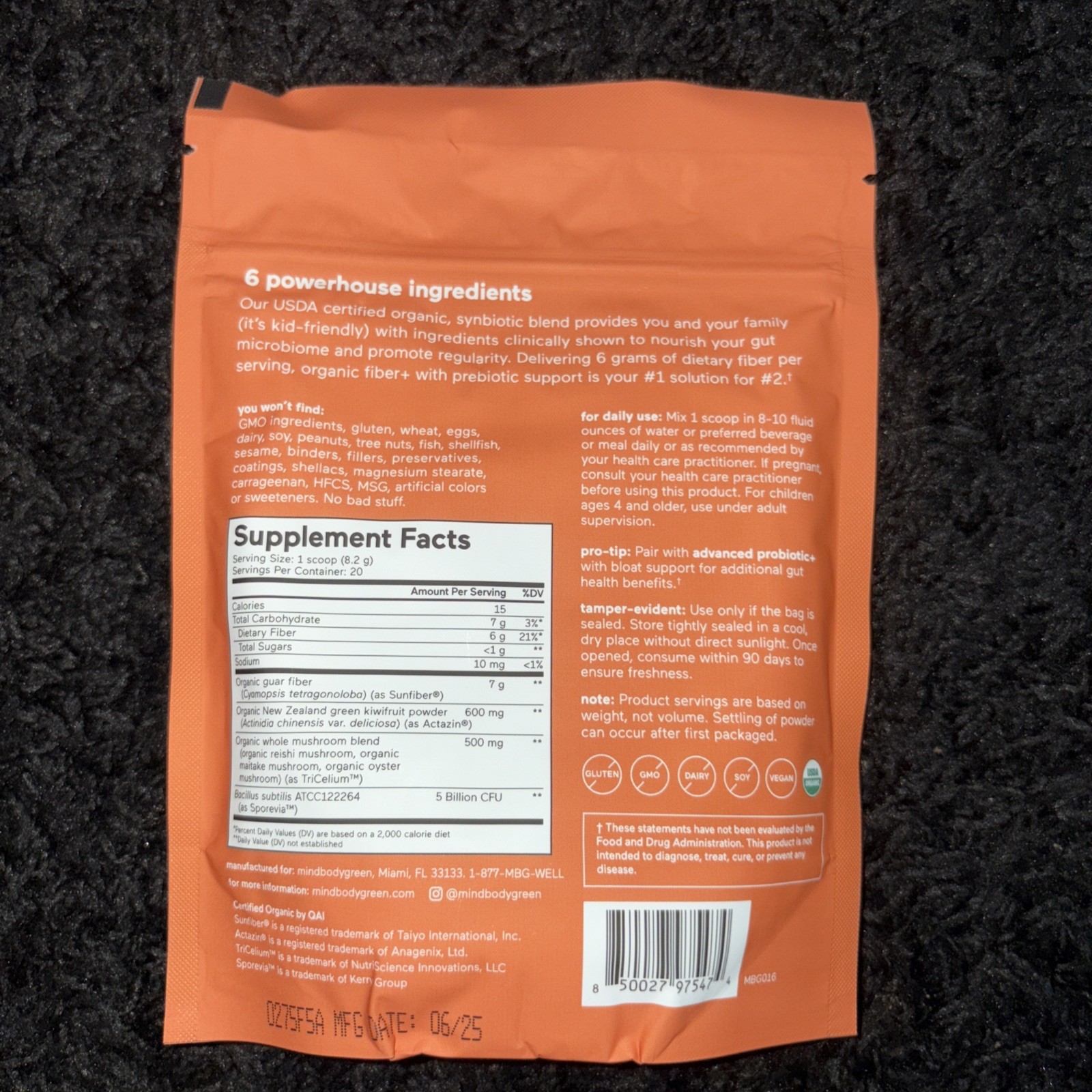 Mind Body Green Organic Fiber + With Prebiotic Support MFG Date 06/2025