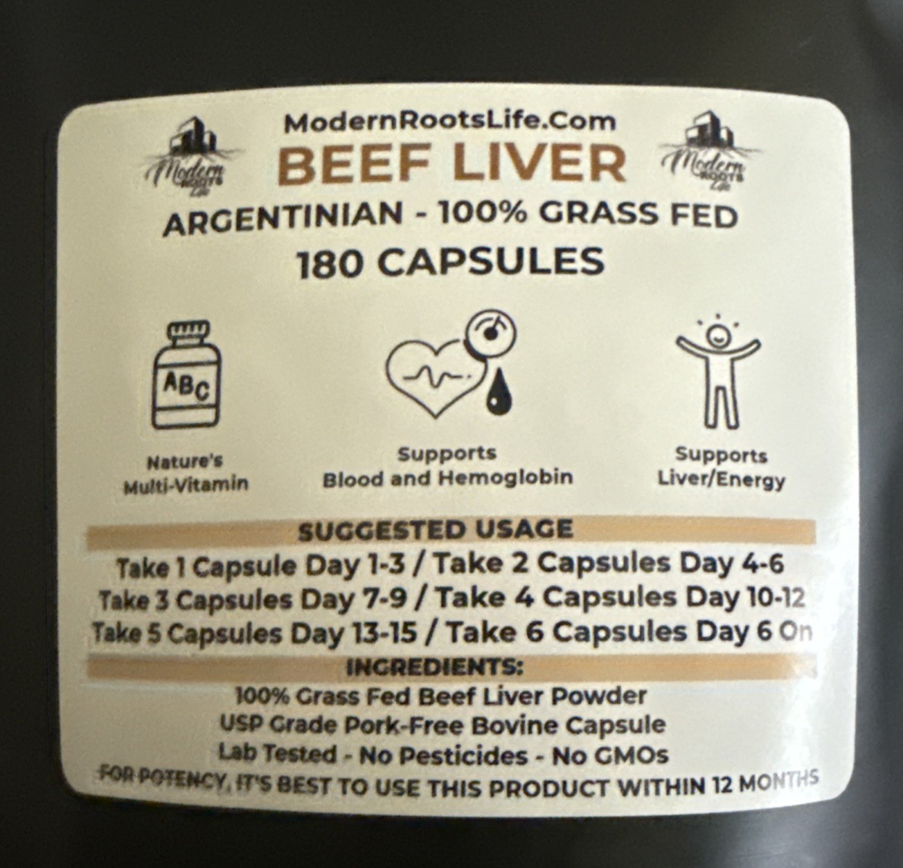 Argentinian 100% Grass Fed Beef Liver Capsules~ ModernRootsLife~180 Capsules