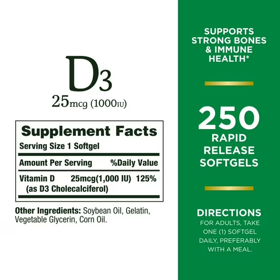 Nature’s Bounty Vitamin D3 1000 IU Softgels 250 Count Immune Support and Bone…