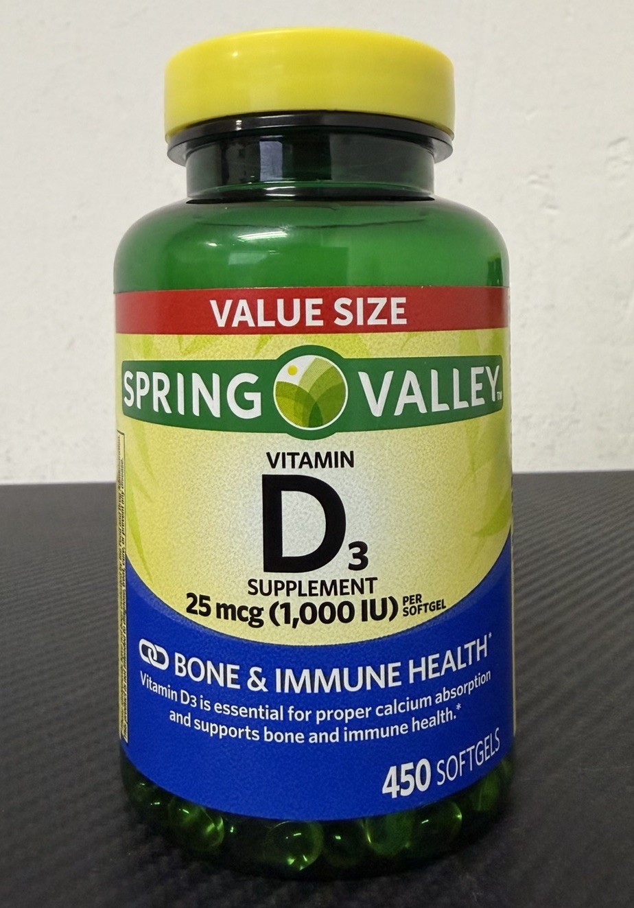 Spring Valley Vitamin D3 1000 IU Softgels, 450 Count – Expires: 07/2026 Sealed!