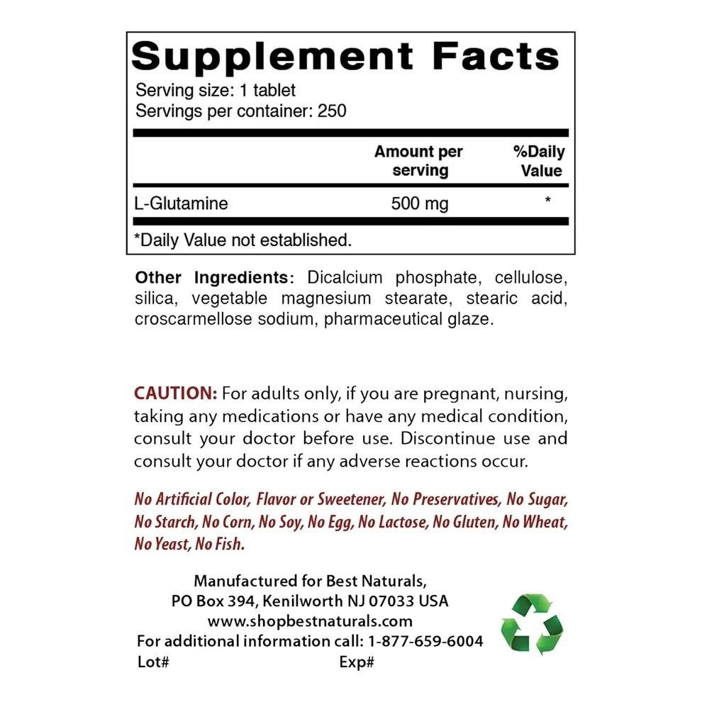 Best Naturals L-Glutamine 500mg, 250 Tablets