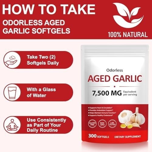 Odorless Garlic 7500Mg per Servings, 300 Softgels | 2 Years Aged Garlic Extra…