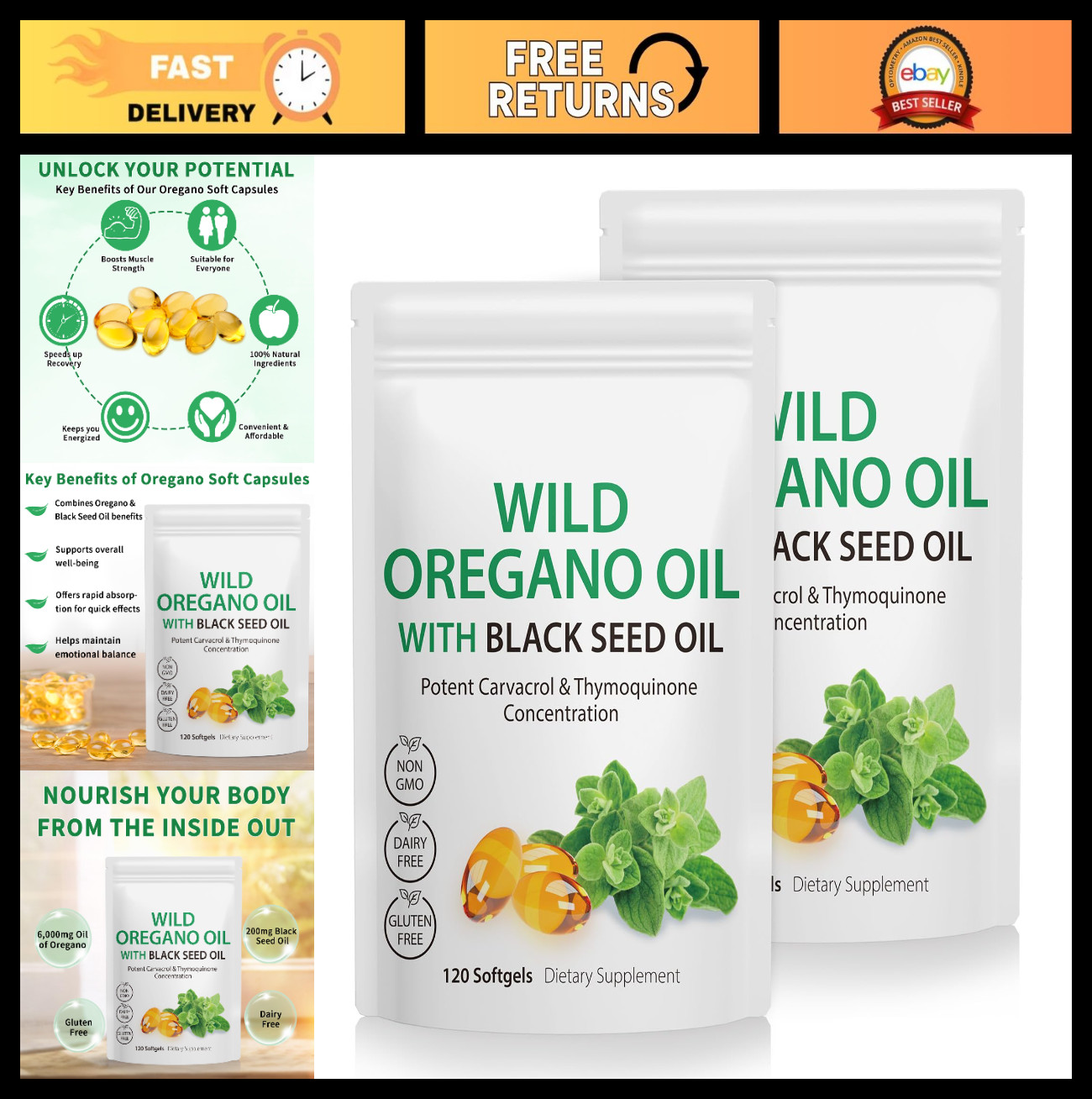 2 Pack Oil of Oregano Softgels 120 Count – 6000mg with Black Seed Oil, Organic,