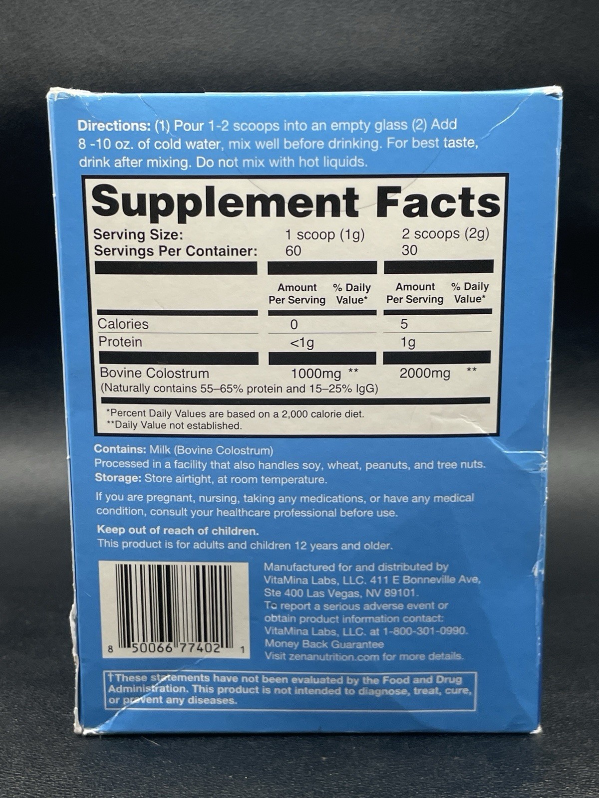 Zena Nutrition Pure Colostrum Powder 2000Mg 30 Servings 2.12oz/6g Exp 02/2028
