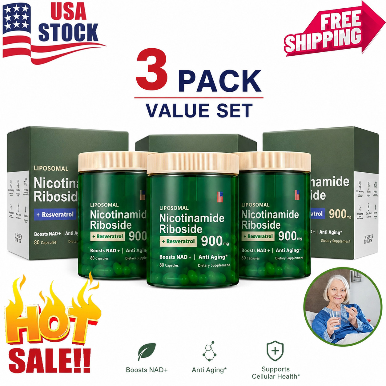 3 Pack NAD Supplement Anti Aging Energy Support Nicotinamide Riboside Resveratro